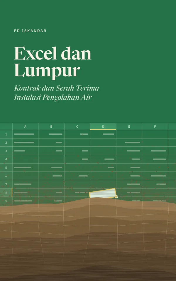Sampul buku Excel dan Lumpur karya FD Iskandar: lembar kerja hijau yang bagian bawahnya tertimbun lumpur cokelat